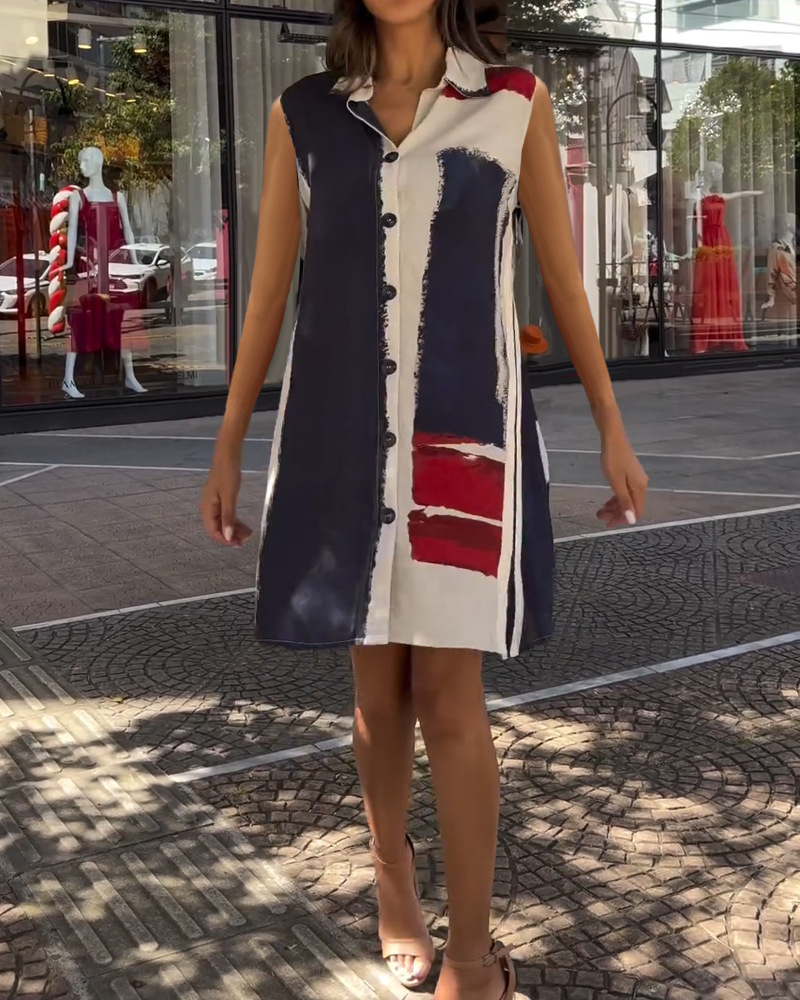 Printed Sleeveless Button-Front Midi Dress