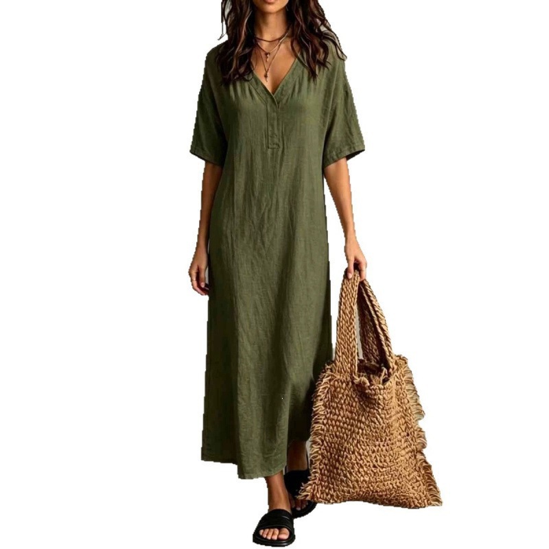 Boho Cotton-Linen Loose A-Line Maxi Dress with V-Neck and Short Sleeves