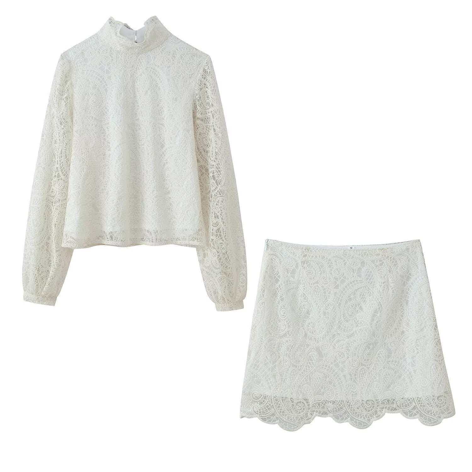 Women's Summer Lace Two-Piece Set with Lantern Sleeves and High Neck