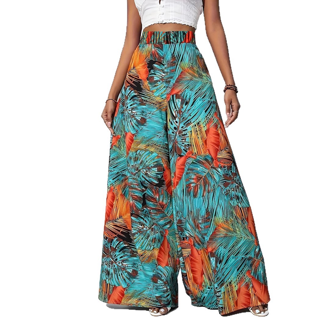 Women's High-Waist Wide-Leg Pants Tropical Print Casual Loose Fit