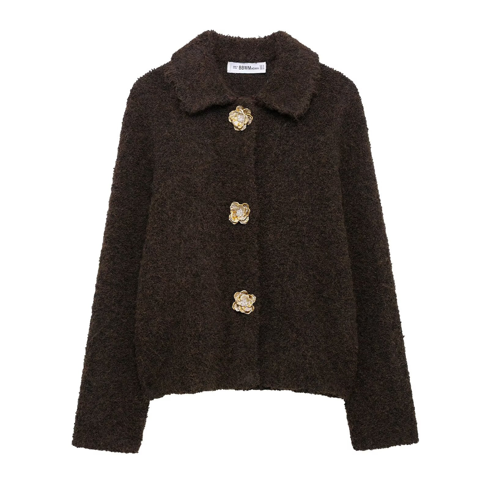 Faux Fur Trim Floral Button Knit Cardigan