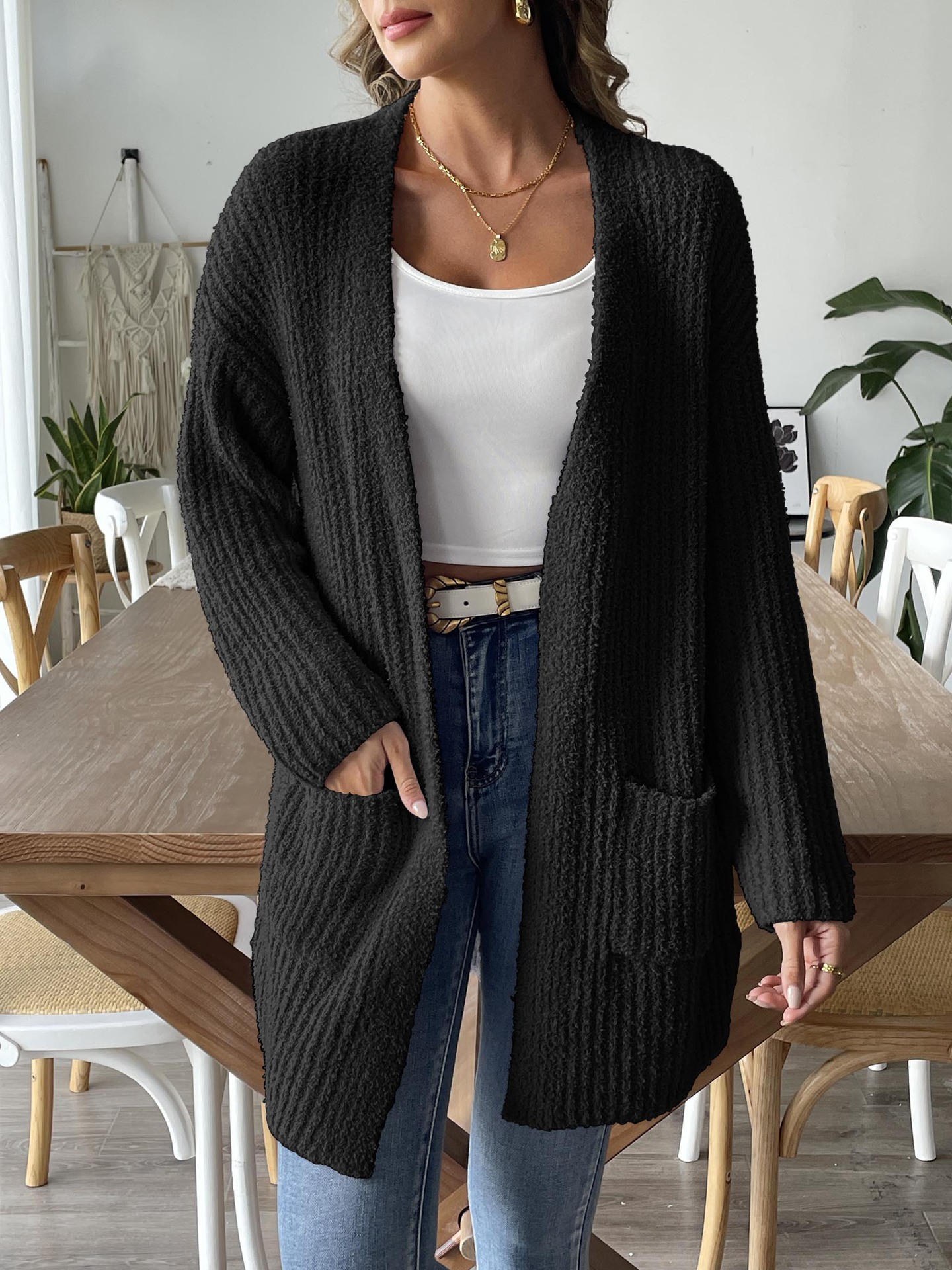 Women's Soft Knit Open-Front Cardigan Sweater with Pockets