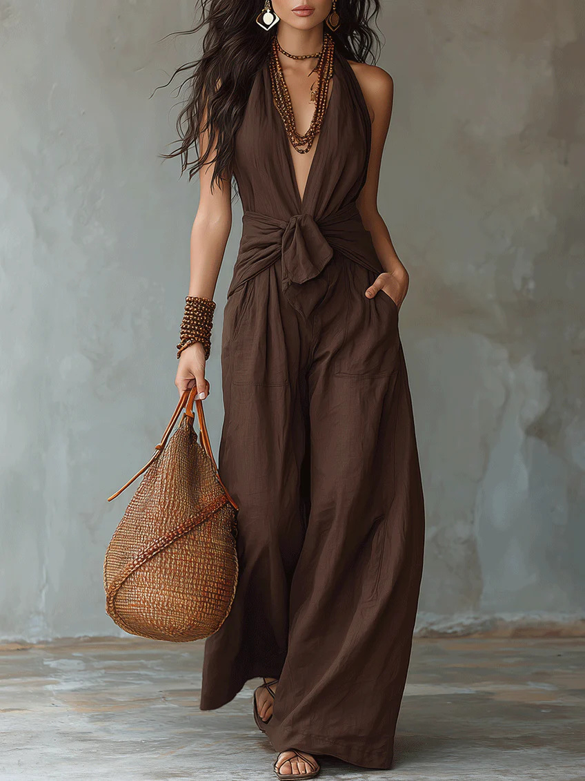Sleeveless Halter Tie-Waist Wide-Leg Jumpsuit