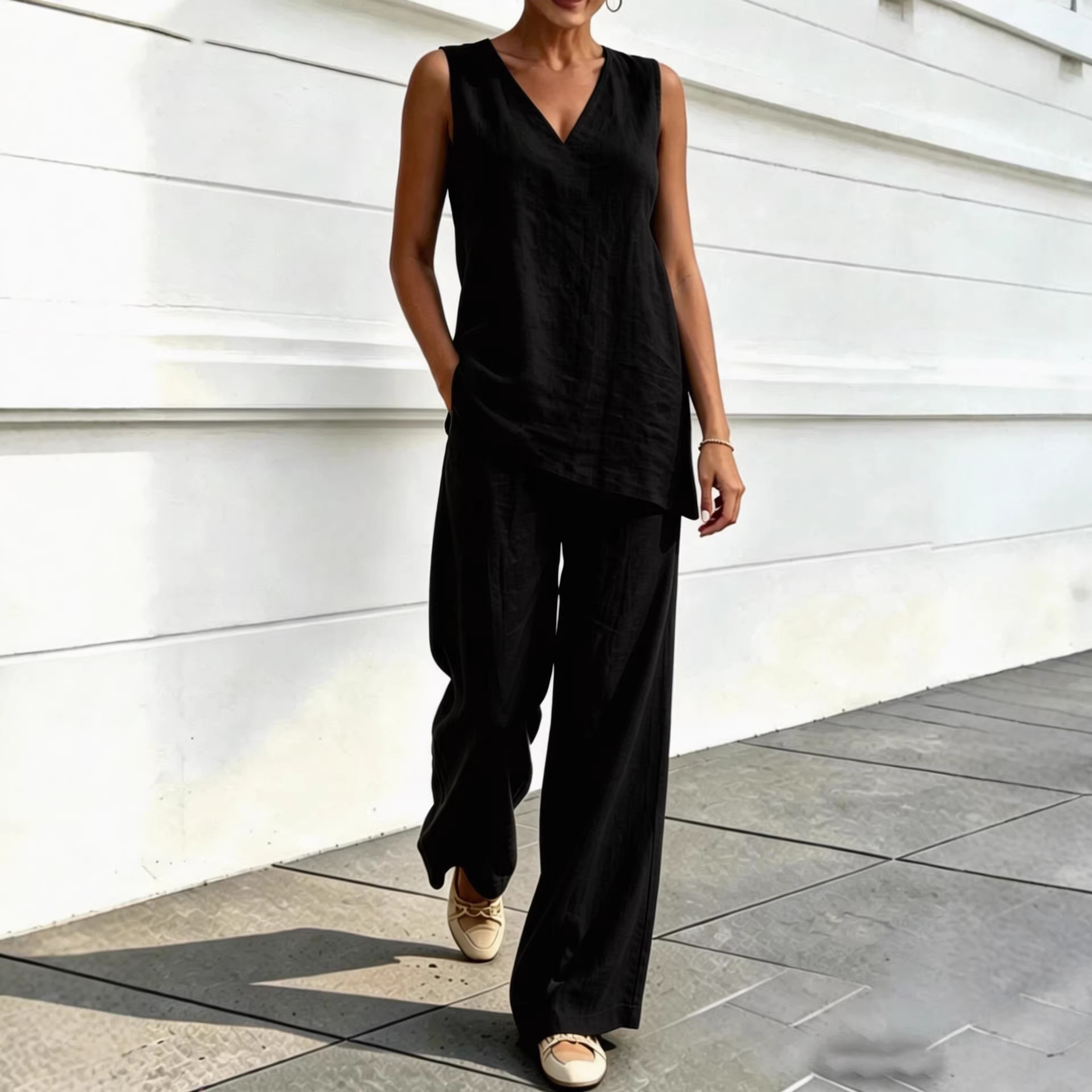 Women's V-Neck Sleeveless Top and Wide-Leg Pants Two-Piece Set