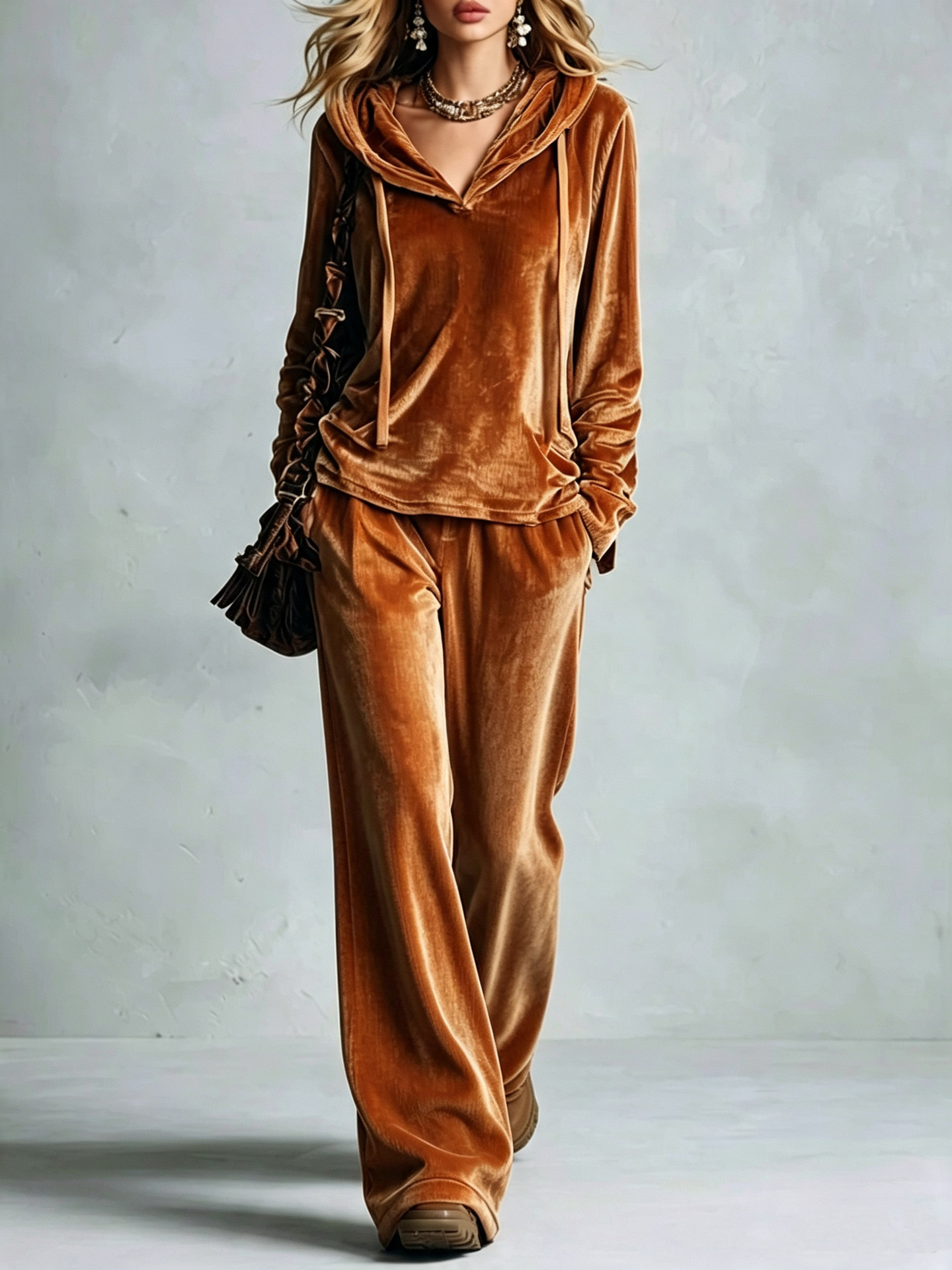 Women's Solid Korean Velvet Hoodie & Wide-Leg Pants Set