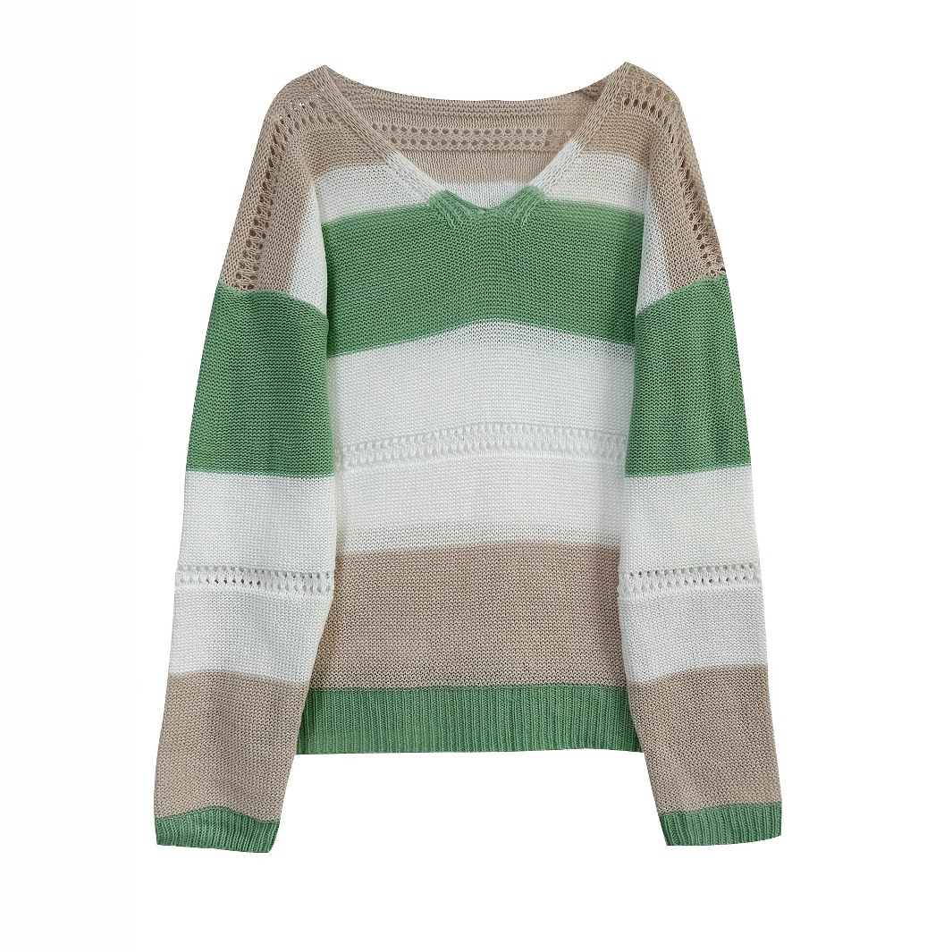 V-Neck Colorblock Knit Sweater Long Sleeve Plus Size