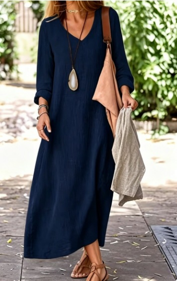 Women's Solid V-Neck Loose Long Dress with Flared Hem