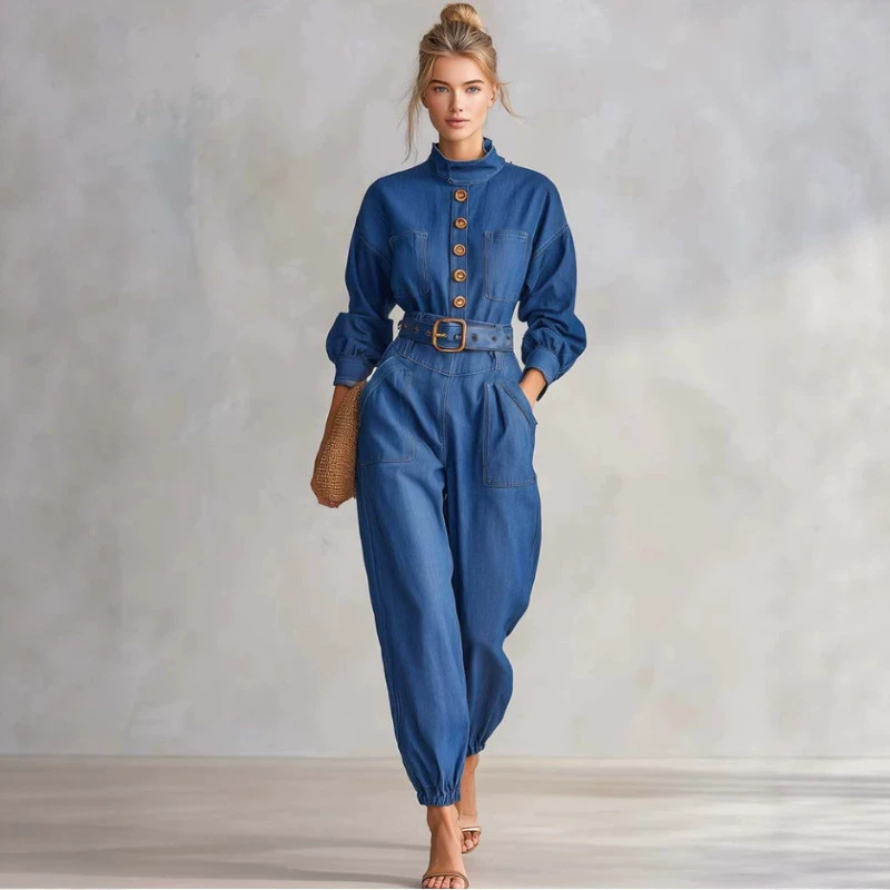 Retro Denim Long-Sleeve Rolled-Cuff Jumpsuit