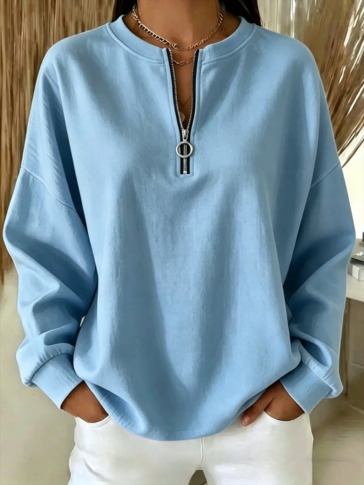 Women's Loose Half-Zip Pullover Sweatshirt Solid Color Long Sleeve Crewneck