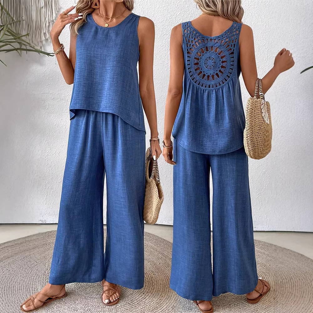 Women's Solid Color Back Cutout Embroidered Sleeveless Top and Pants Set