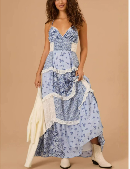 Women's Sleeveless V-Neck Digital Print Maxi Dress with Asymmetric Patchwork