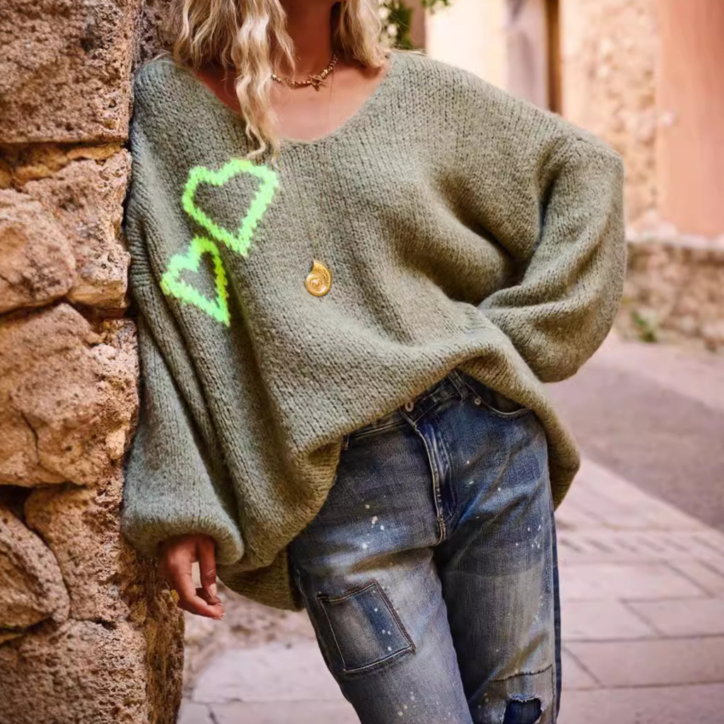 Women's Loose Heart Jacquard Off-Shoulder Knit Sweater Long Sleeve
