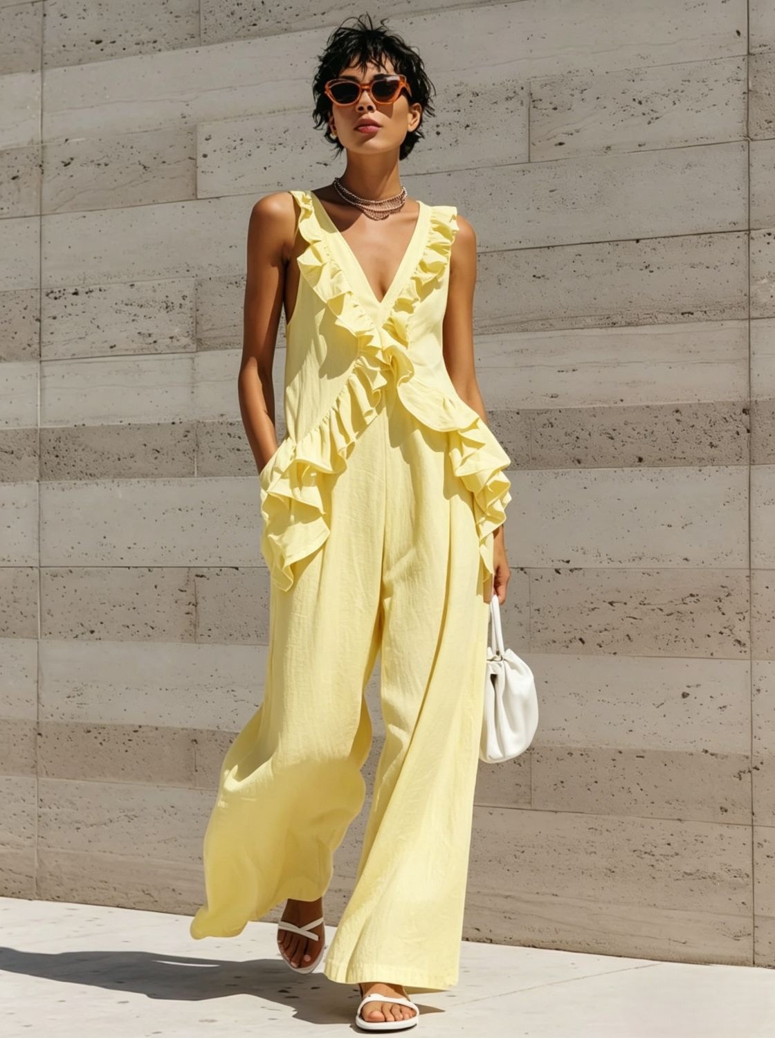 Ruffled Sleeveless V-Neck Solid Cotton-Linen Jumpsuit