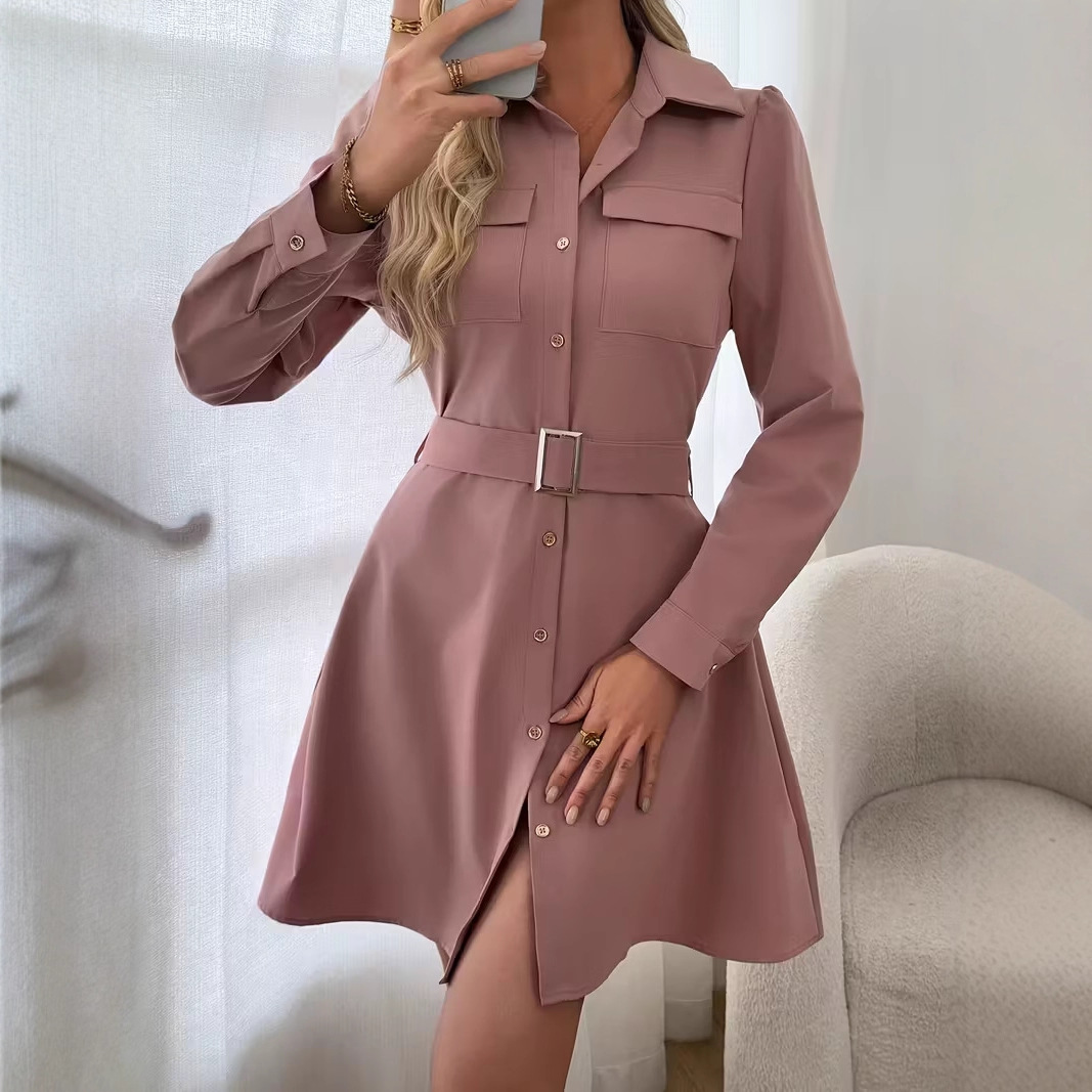Elegant Puff Sleeve Belted Shirt Dress with Pockets