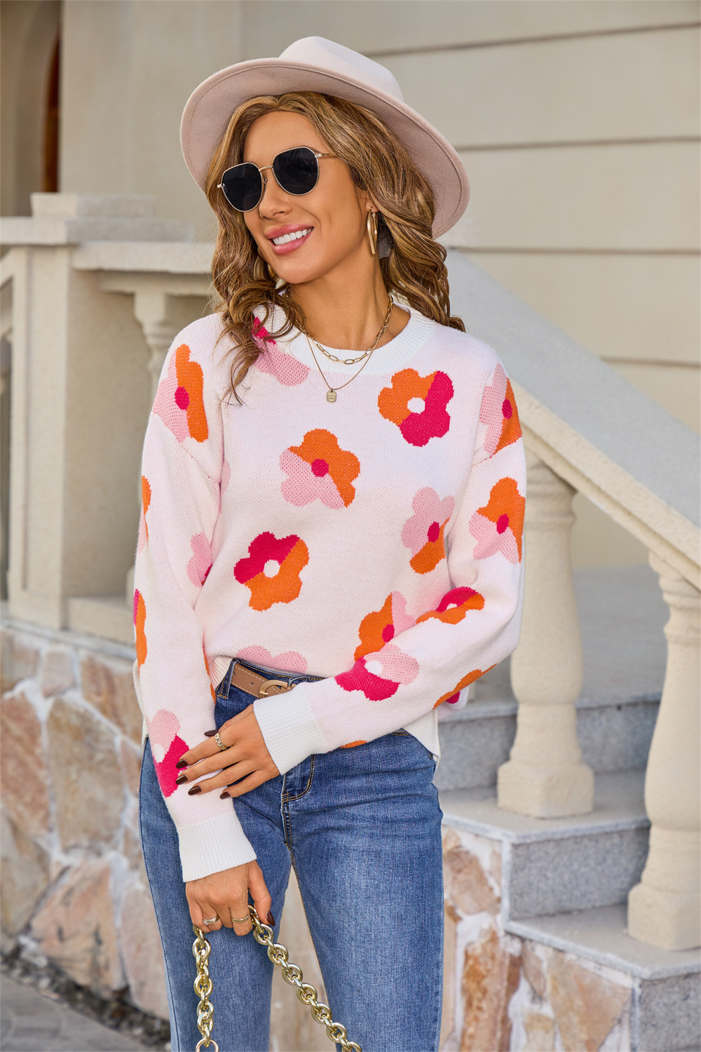 Plus Size Floral Colorblock Knit Sweater Long Sleeve Crew Neck Pullover