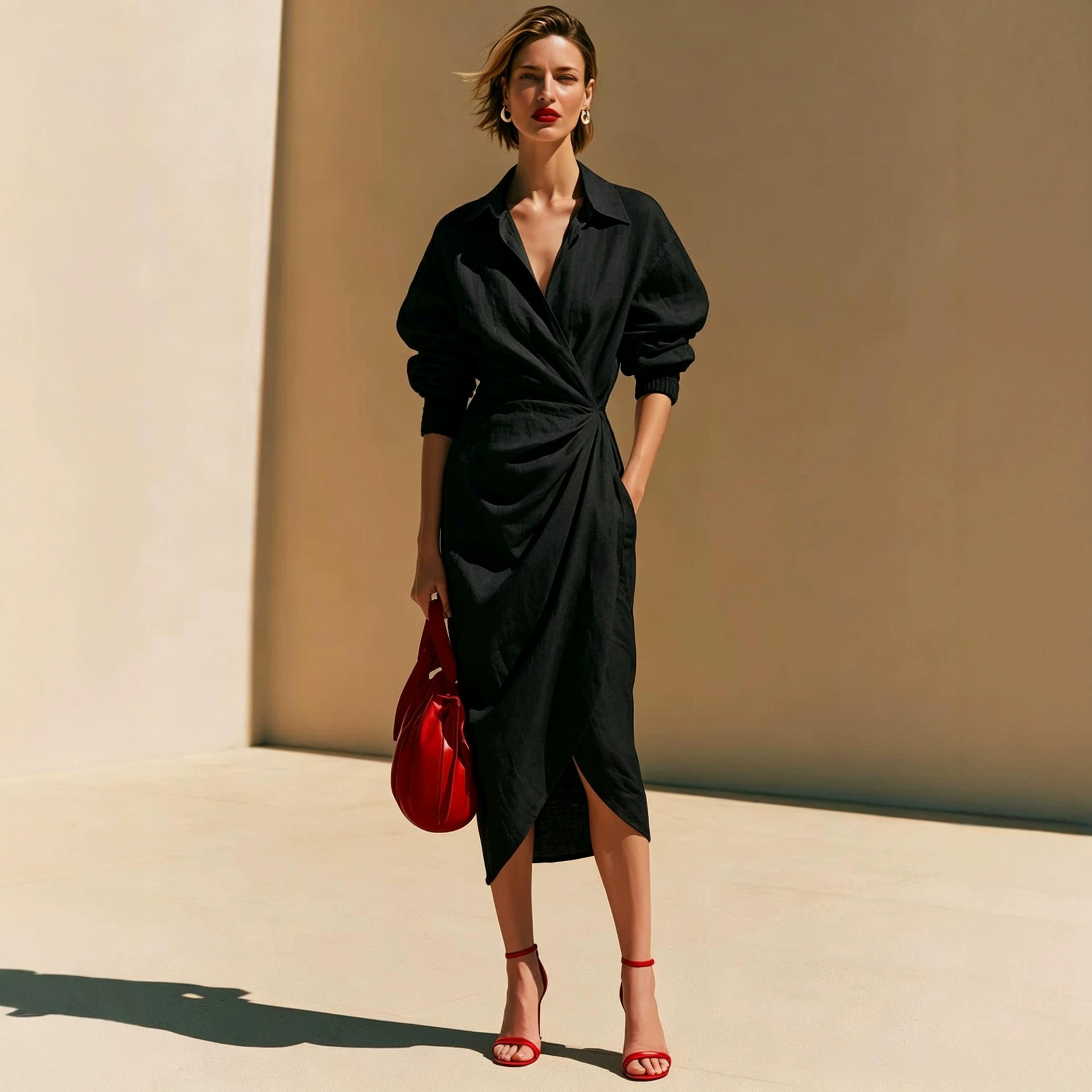 Elegant Solid V-Neck Long Sleeve Wrap Midi Dress with Ruffle Asymmetric Hem