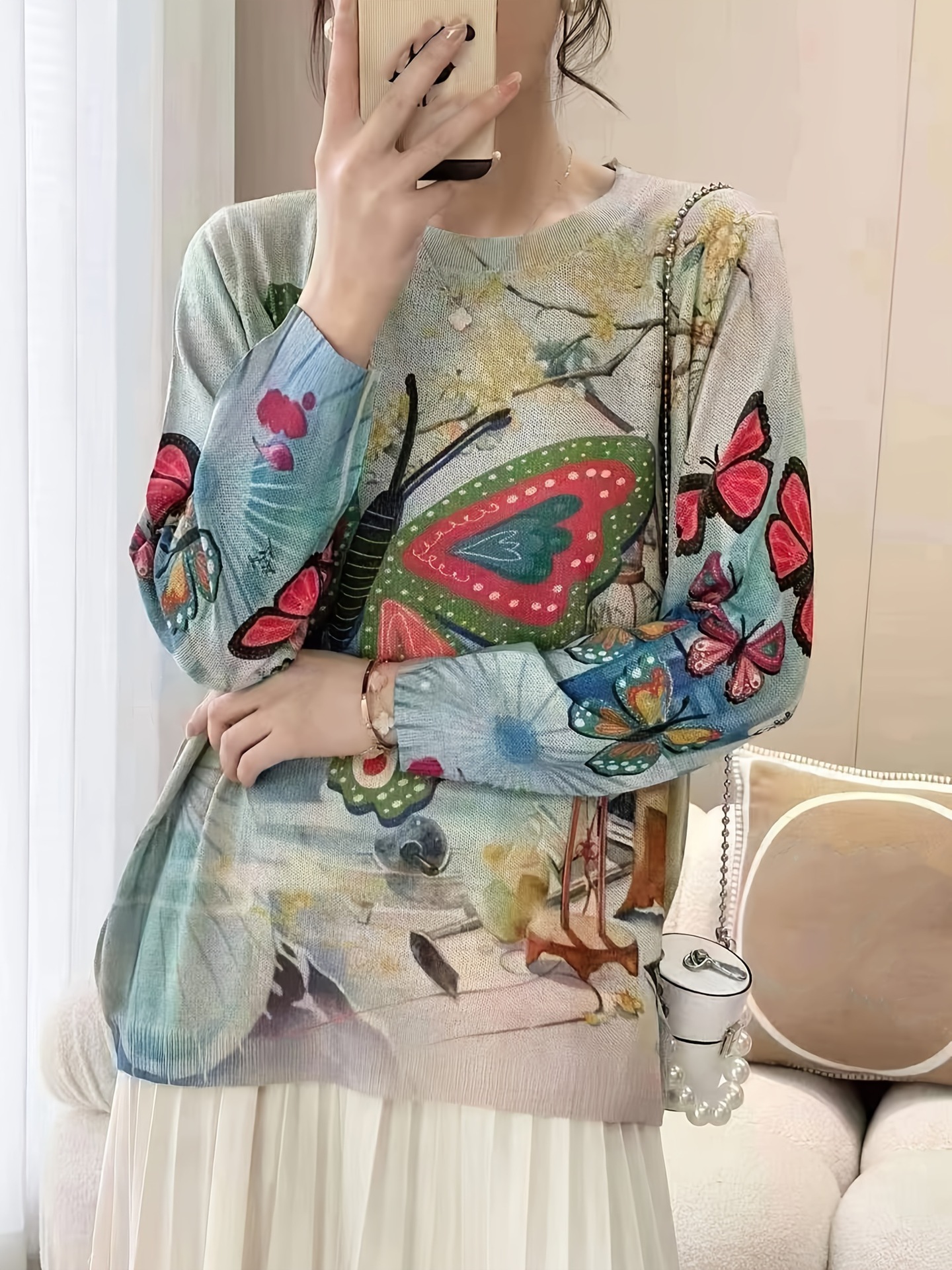 Palace Oil Painting Print Knit Pullover Sweater Long Sleeve Crew Neck Color Block Women's