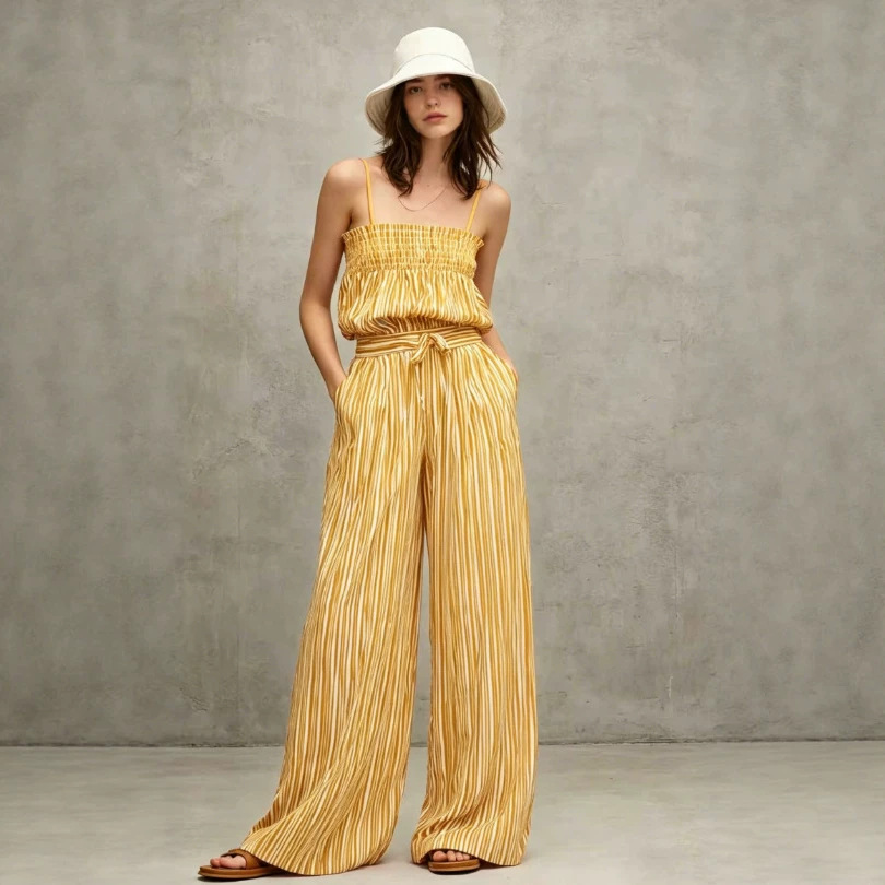 Striped Off-Shoulder Top and Pants Set Casual Loose Fit