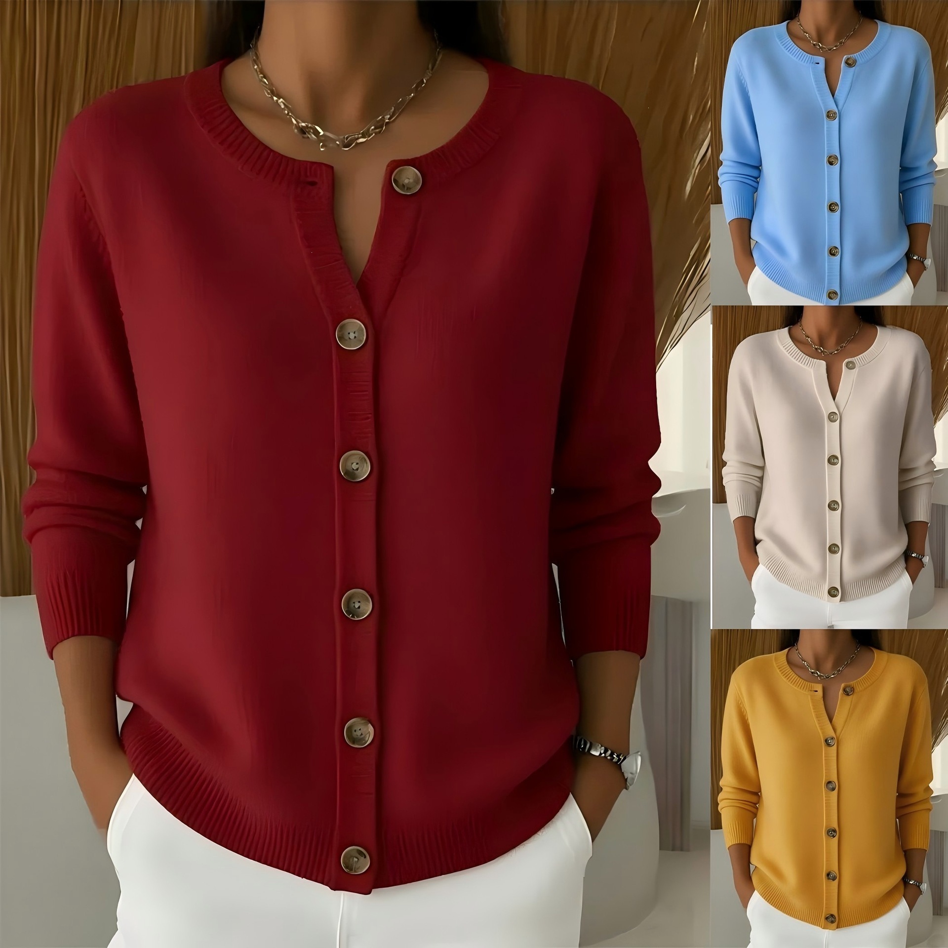 Women's Button-Up Knit Cardigan Crewneck Loose Fit Solid Color