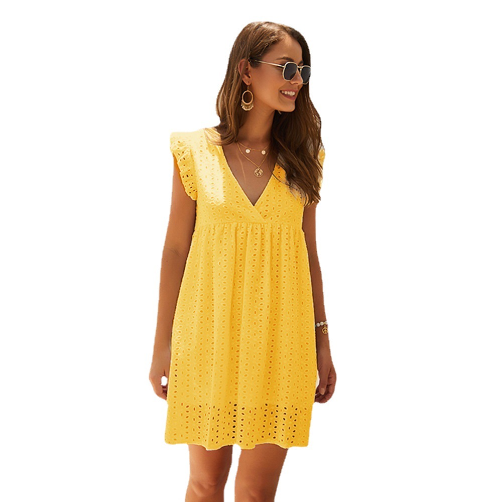 Women's Summer Lace Crochet Hollow Out V-Neck Sleeveless Dress