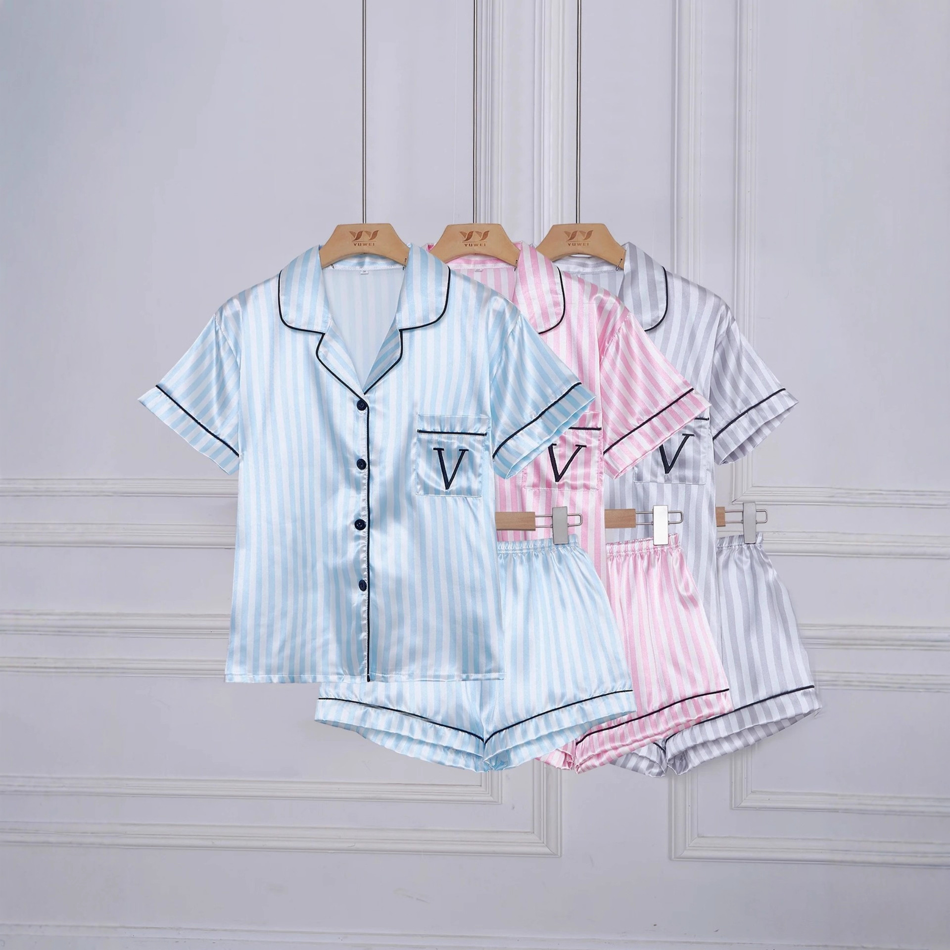 Women's Cuban Collar Striped Letter Short Sleeve Shirt Set