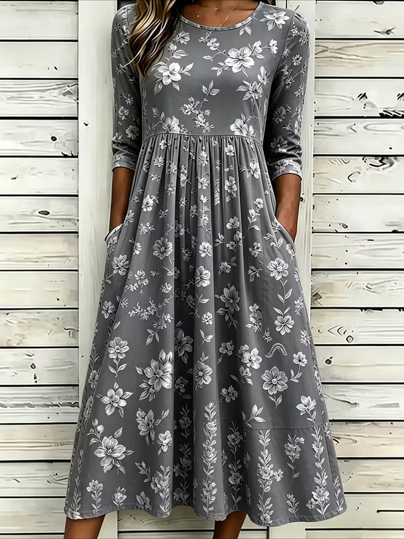 Women's Fresh Floral Print Ruched Midi Dress