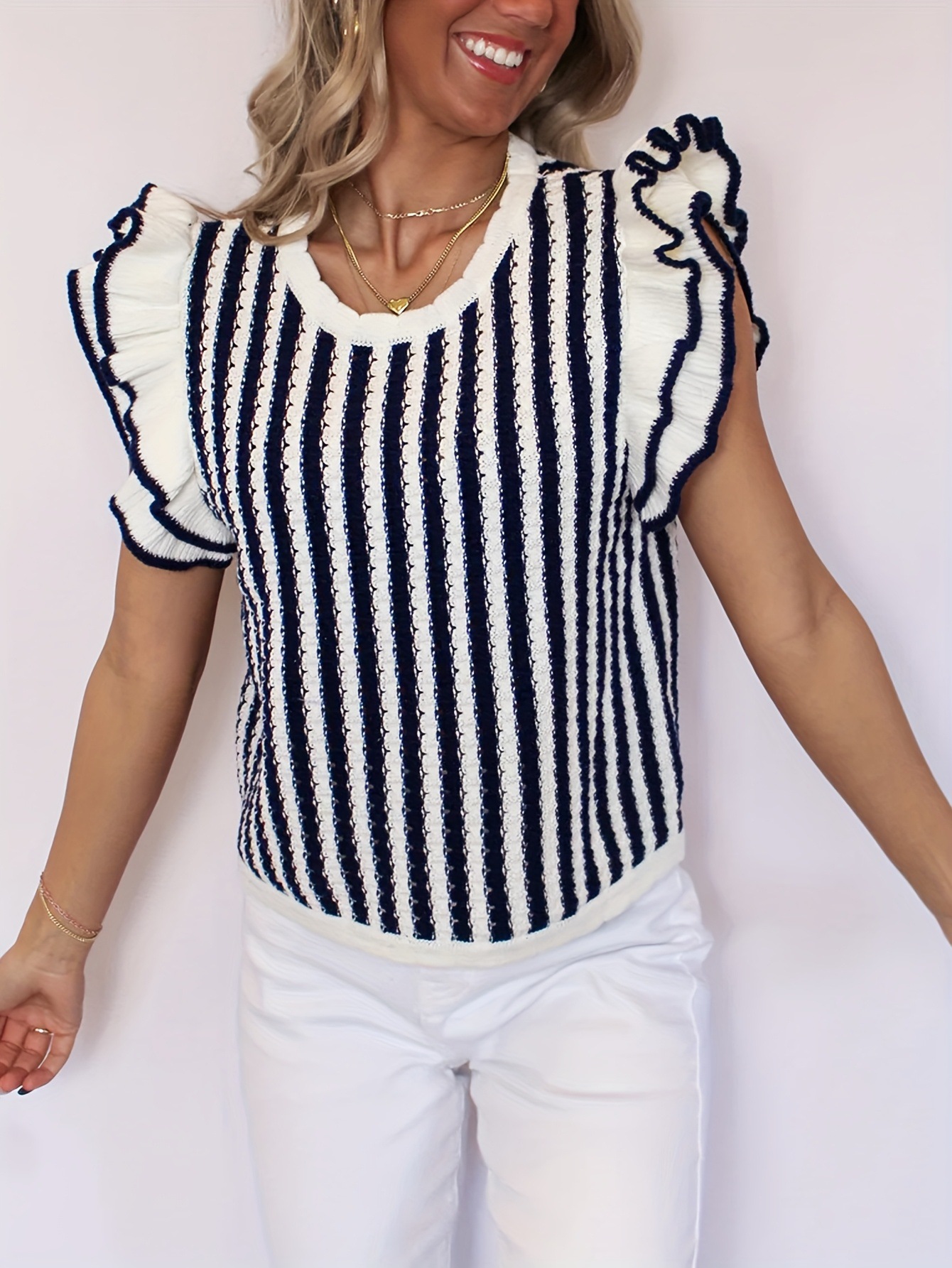 Women's Ruffle Sleeve Crewneck Slim Fit Knit Top