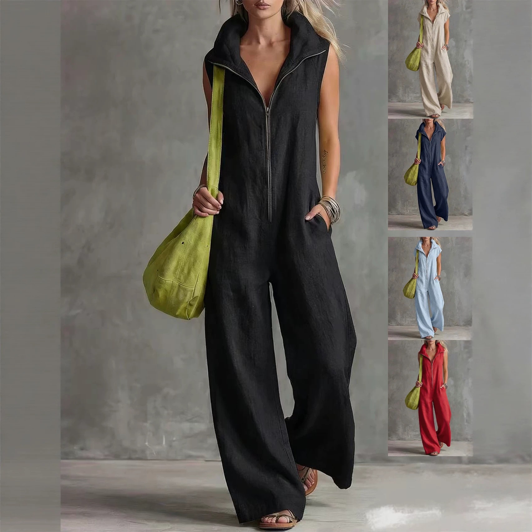 Women's Loose Sleeveless Jumpsuit with Pockets Linen-Blend Casual