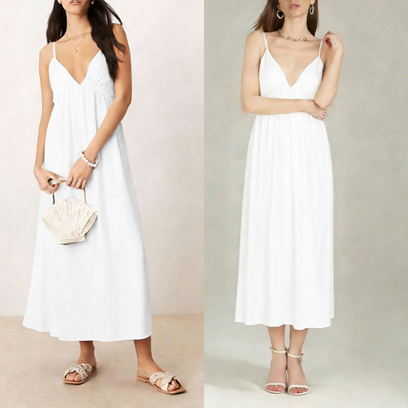 Women's Sleeveless V-Neck Open-Back Solid Color A-Line Midi Dress