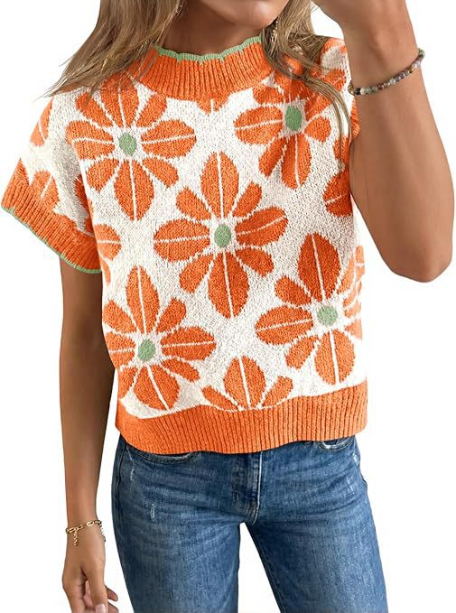 Women's Floral Knit Short Sleeve Sweater Vintage Crew Neck Loose Summer Pullover