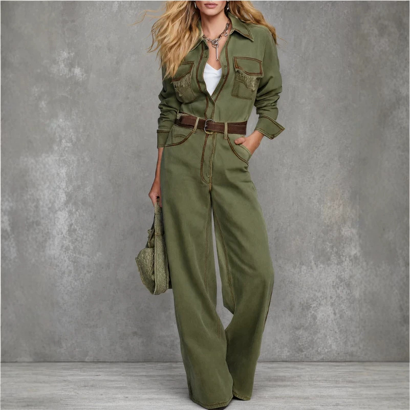 Retro Western Olive Green Jumpsuit