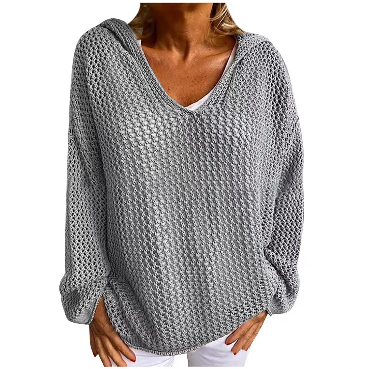 Hooded Knit Sun Protection Top Lightweight Loose Pullover