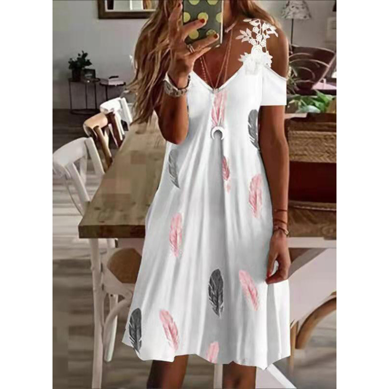 Women's Floral Print Off-Shoulder Lace Short Sleeve Dress