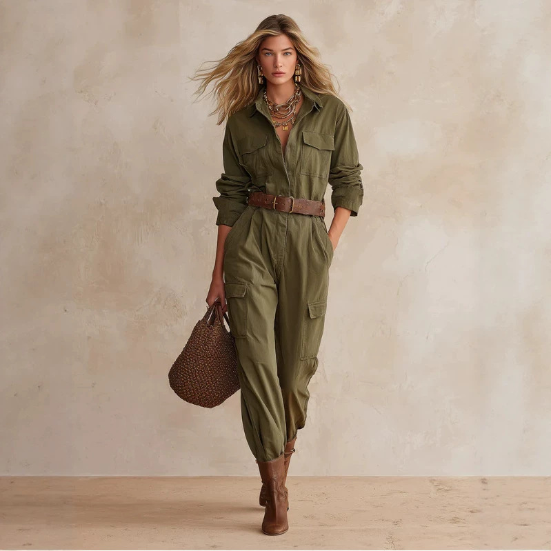 Vintage Army Green Multi-Pocket Jumpsuit