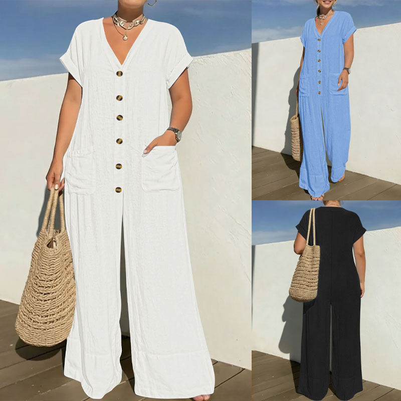 Women's Batwing Sleeve Wide Leg Jumpsuit V-Neck Button Casual Loose Fit