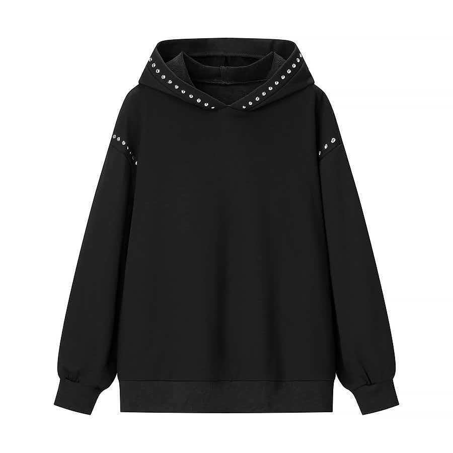 Women's Black Studded Hooded Sweatshirt Casual Zip-Up