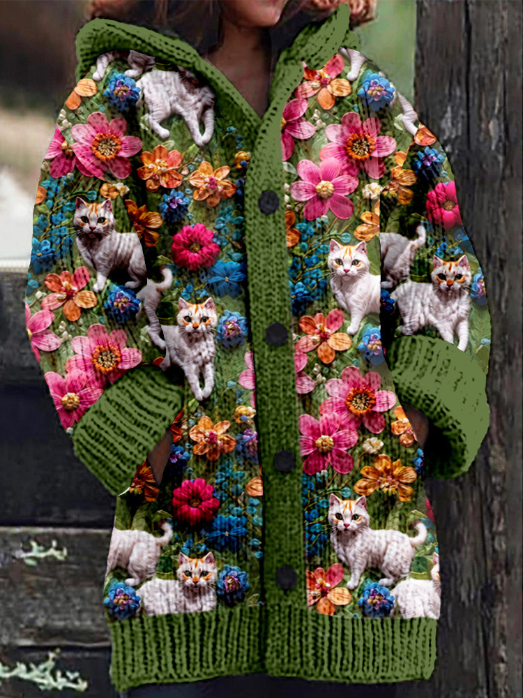 Women's Colorful Animal Print Hooded Button Cardigan Sweater