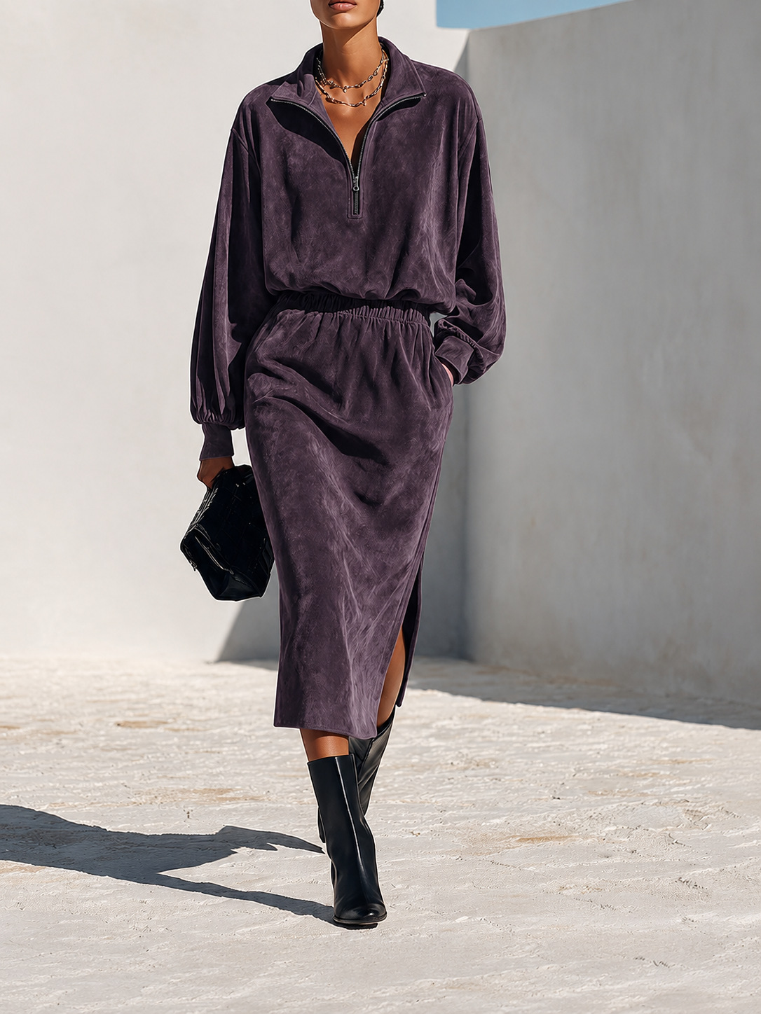 Women's Half-Zip Stand Collar Sweatshirt and Skirt Two-Piece Set