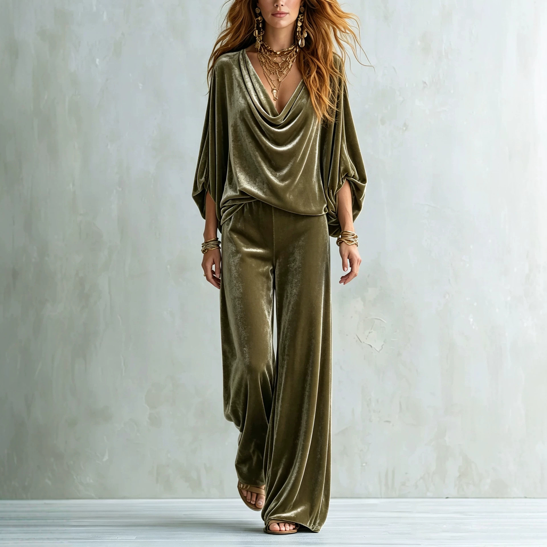 Bohemian Solid Color Cowl Neck Batwing Sleeve Top and Wide-Leg Pants Set
