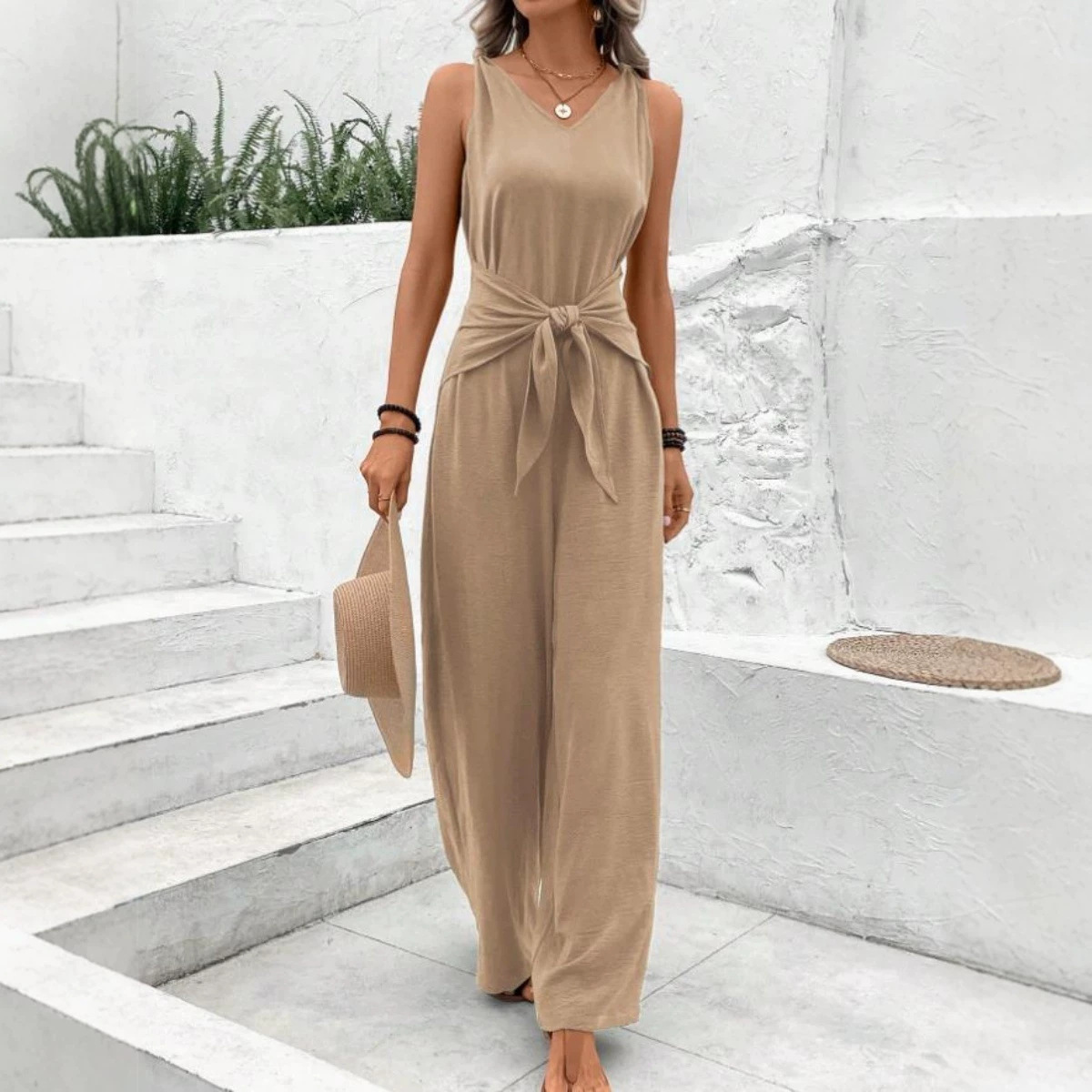 Women's Sleeveless Twist Knot Wide-Leg Jumpsuit