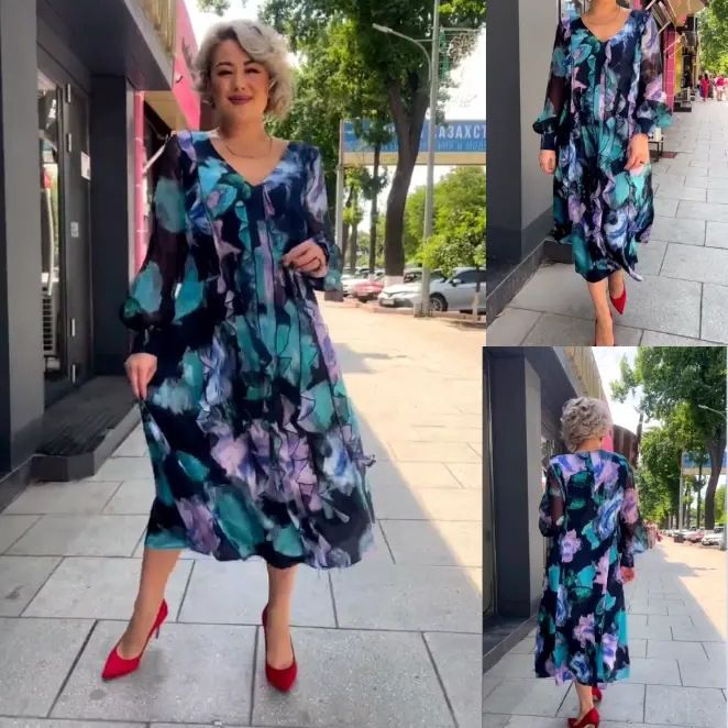 Printed V-Neck Long Sleeve A-Line Maxi Dress
