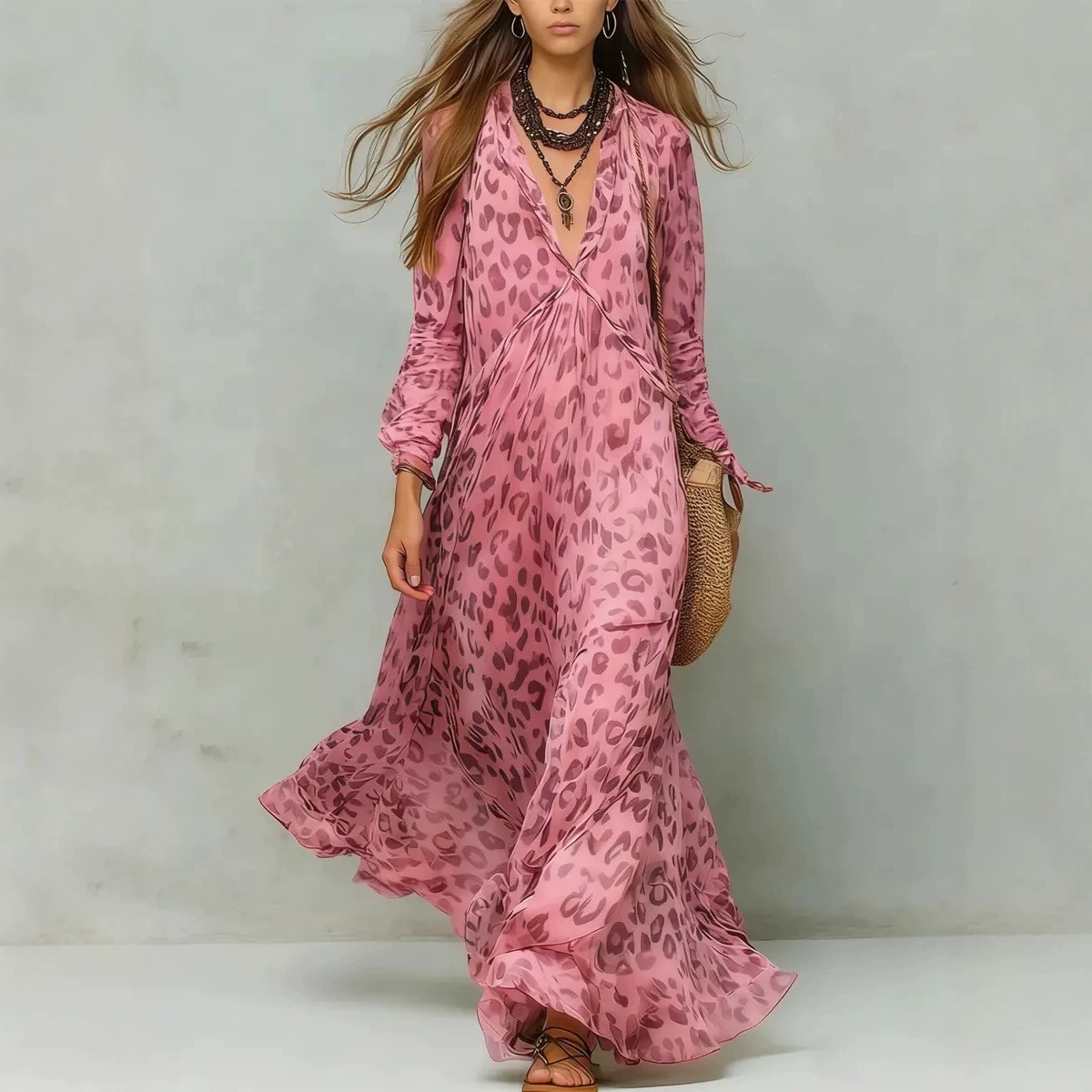 Geometric Print Deep V-Neck Long Sleeve Maxi Dress