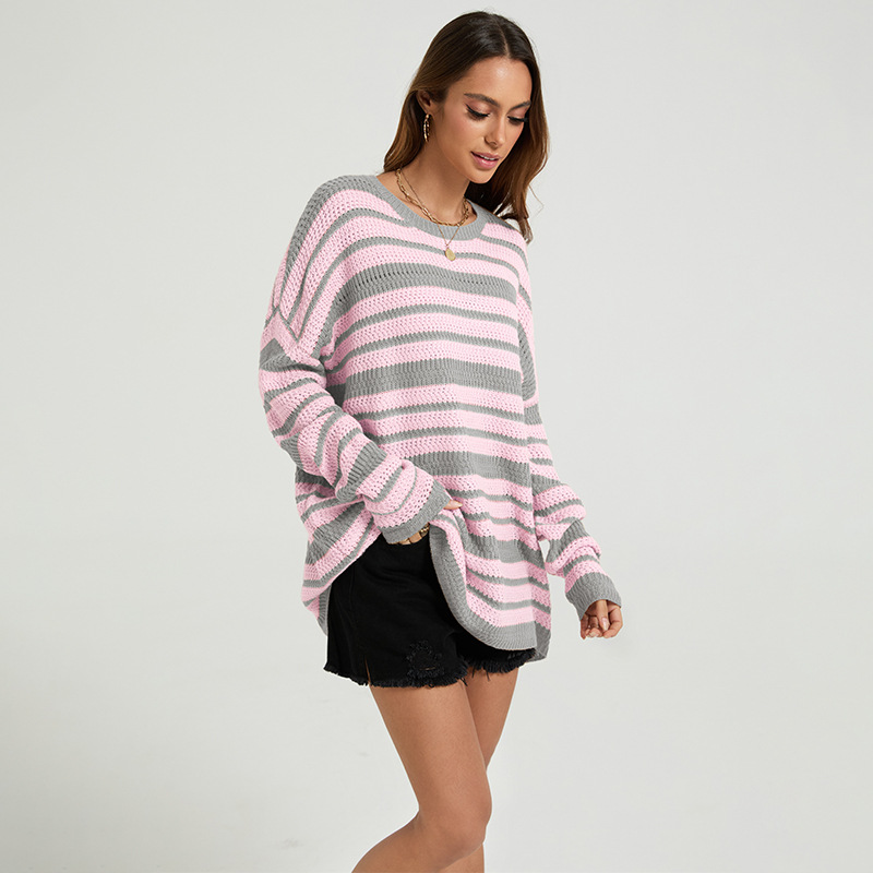 Color-Block Striped Knit Pullover Sweater Women Loose Fit Long Sleeve