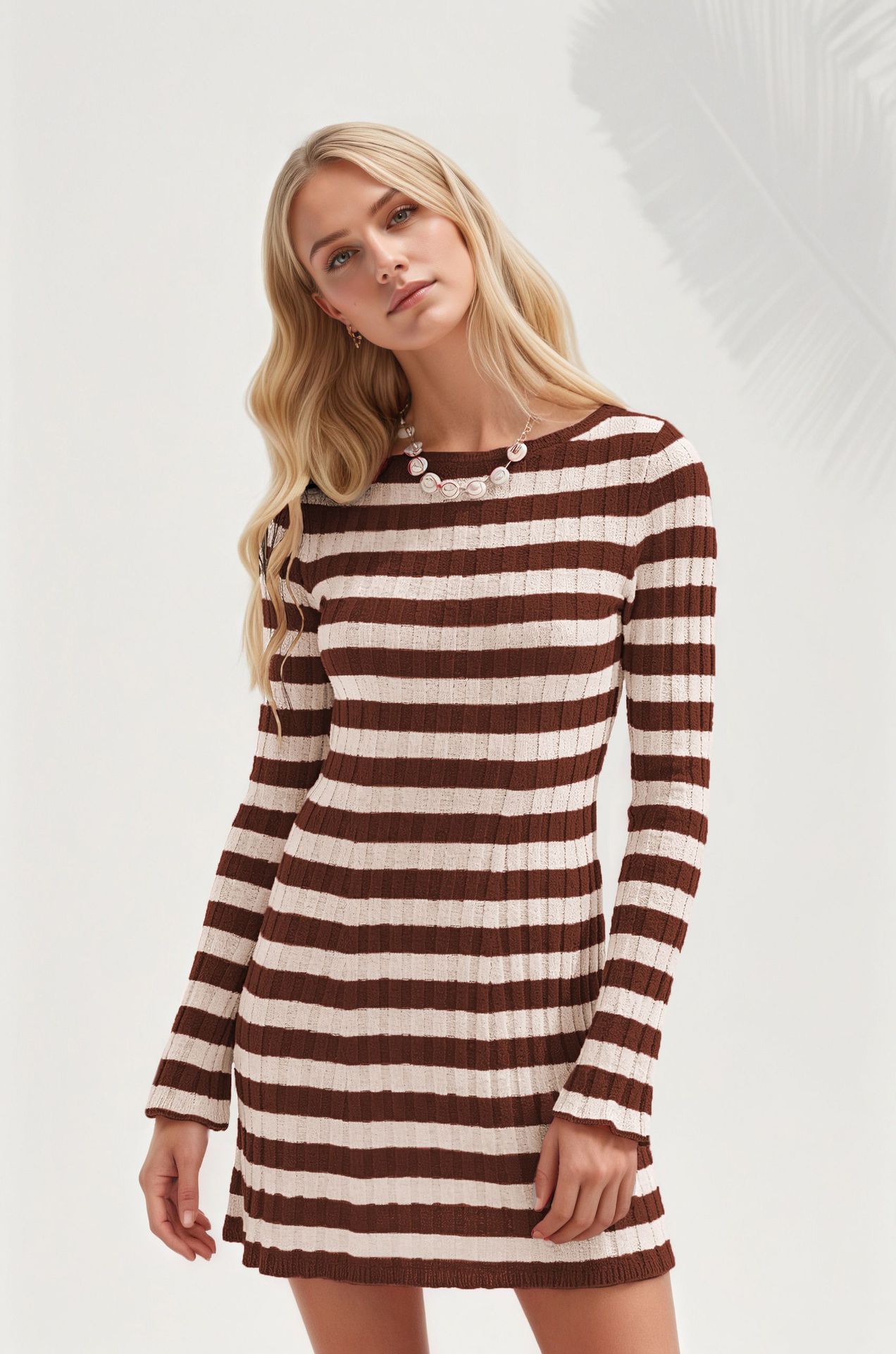 Striped Knit Sweater Dress Crewneck Long Sleeve High Waist