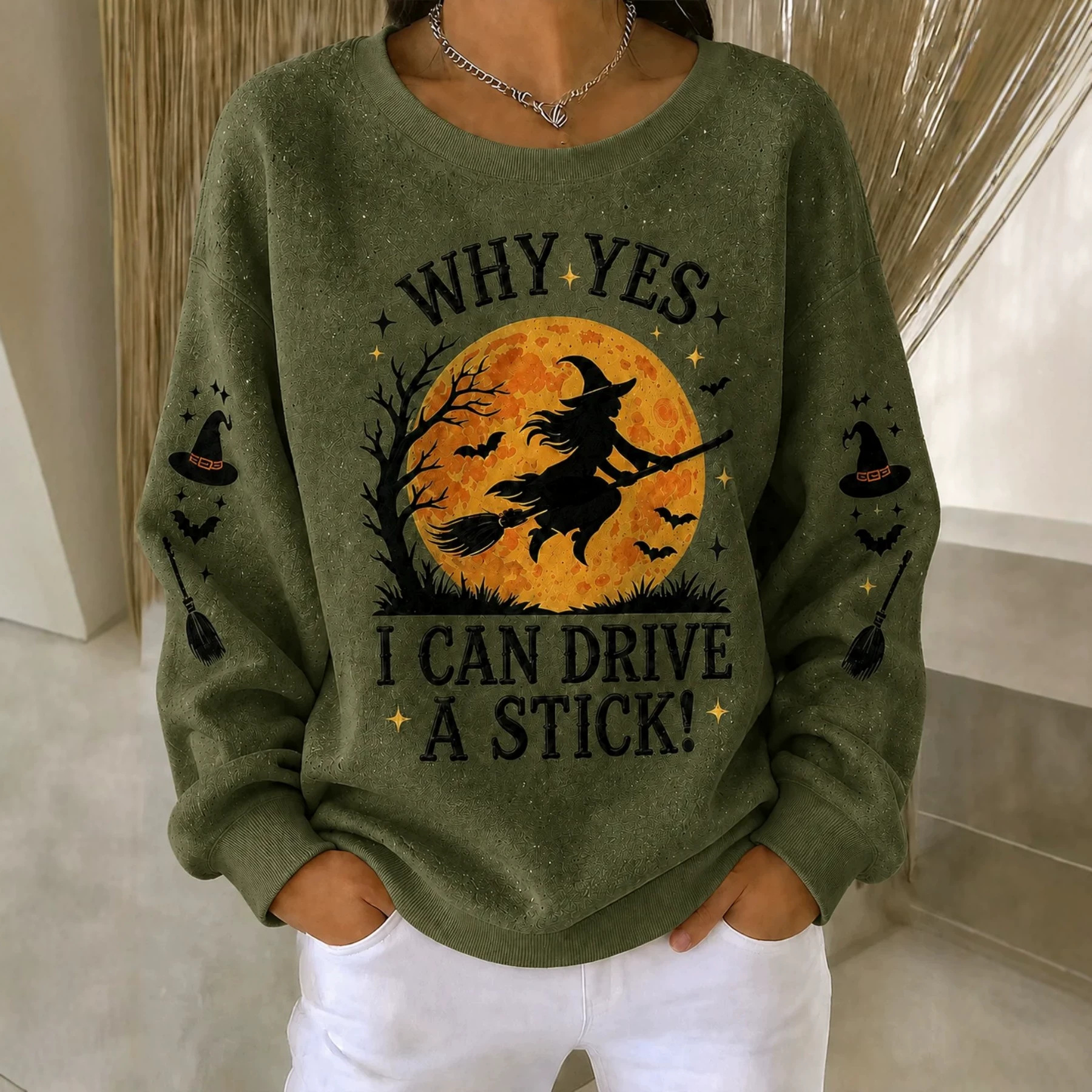 Halloween Witch Broom Flying Print Crewneck Long Sleeve Sweatshirt