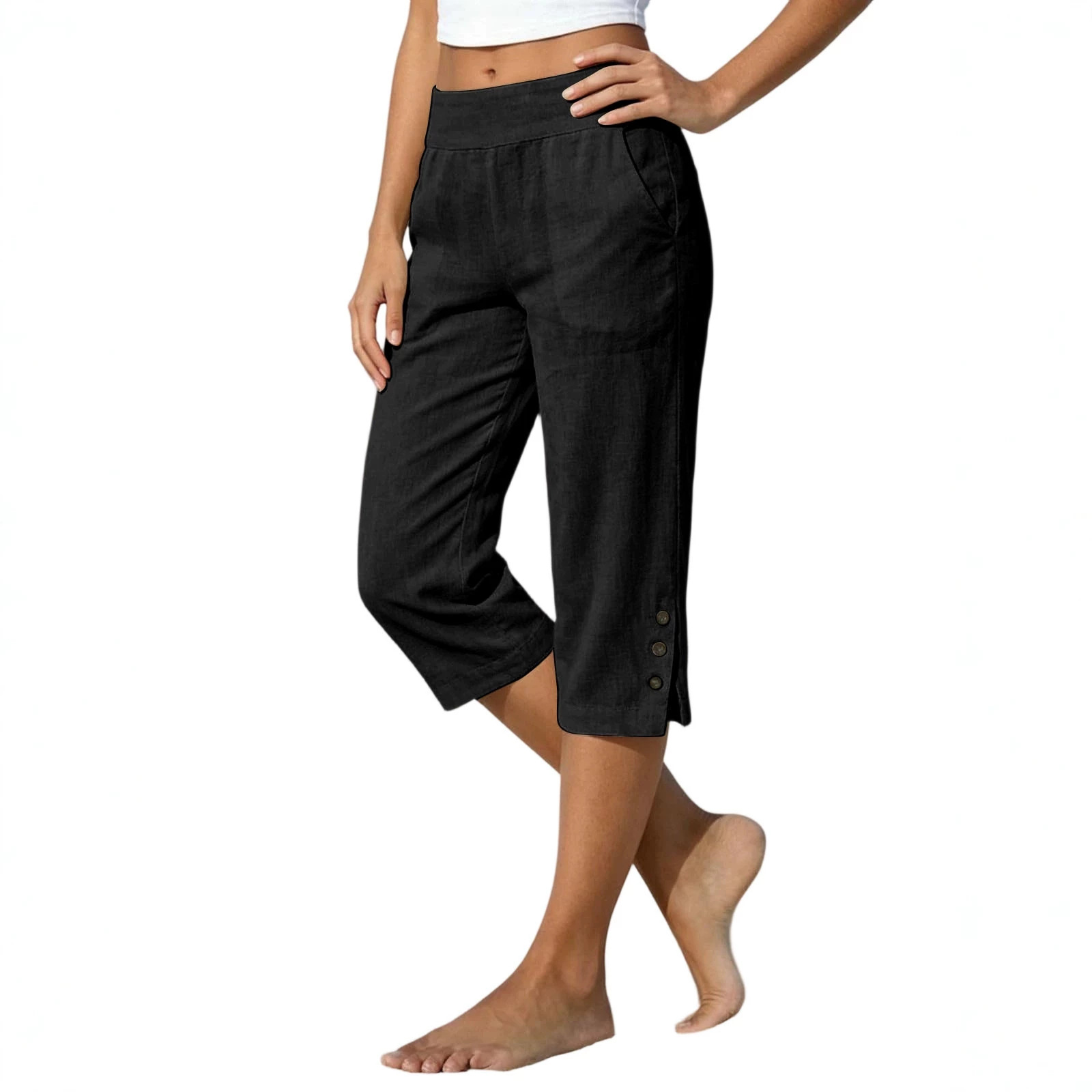 2026 Summer Women's Cotton-Linen Capri Pants High Waist Loose Straight Leg Slit Button Casual Pants Cross-Border Women's