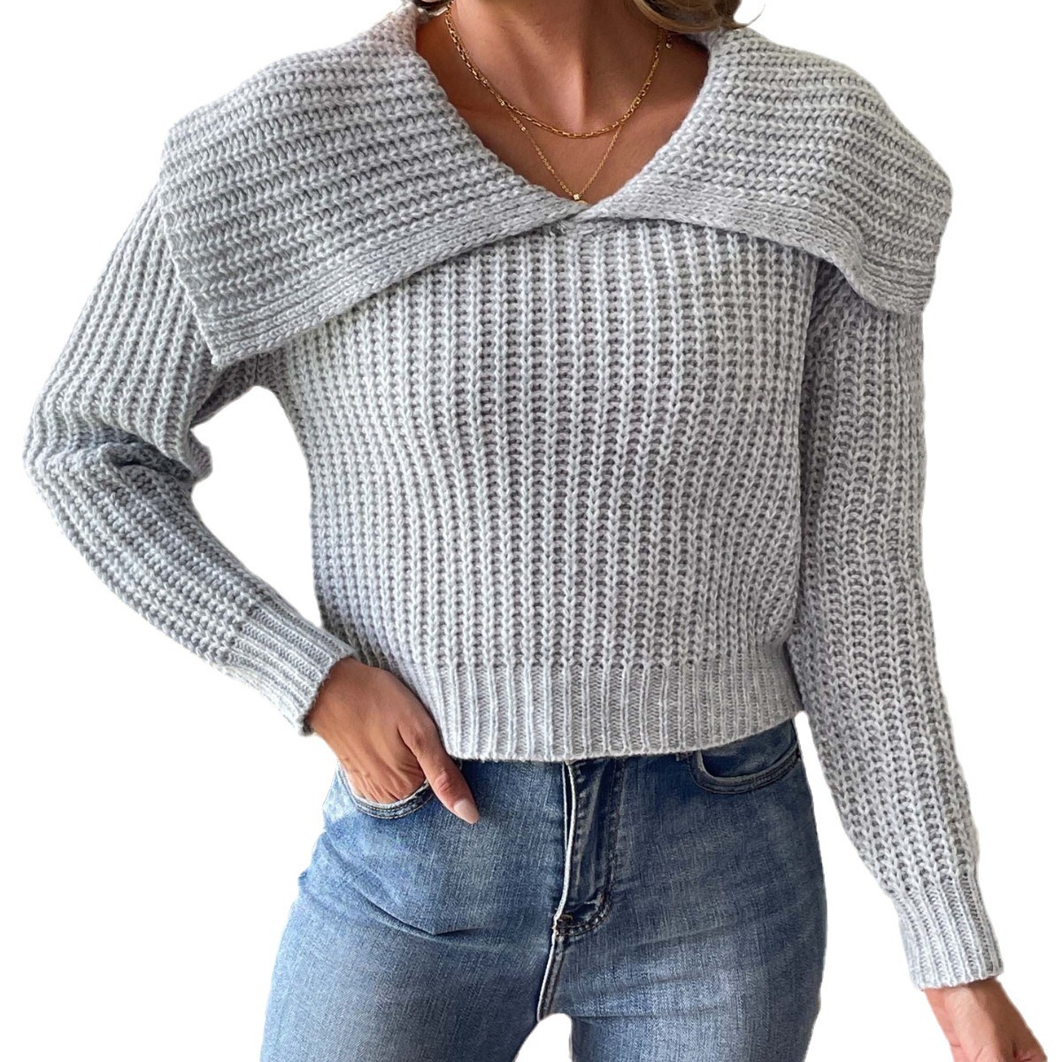 Women's Cropped Woven Sweater with Large Lapel Collar