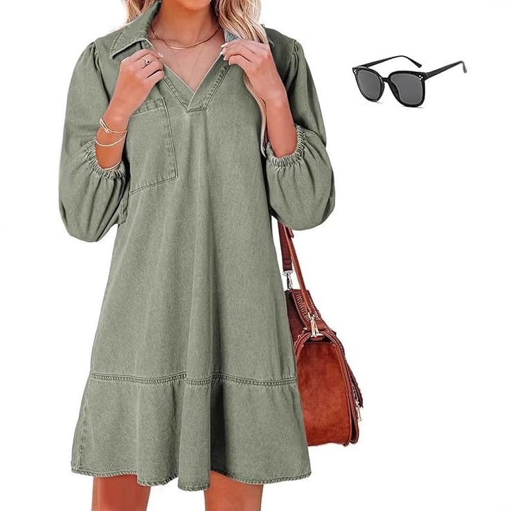 Women's Loose Denim Dress with V-Neck and 3/4 Bubble Sleeves