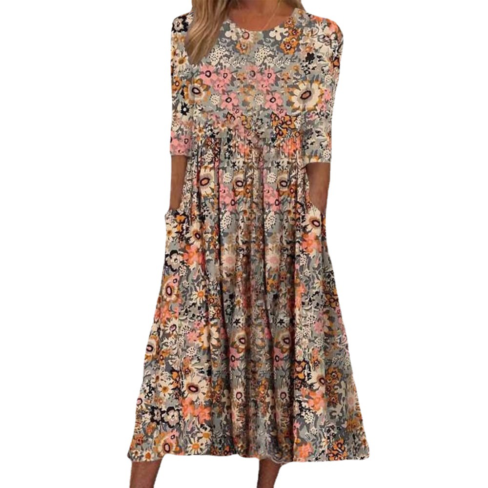 Women's Floral Print Round Neck Pullover Maxi Dress