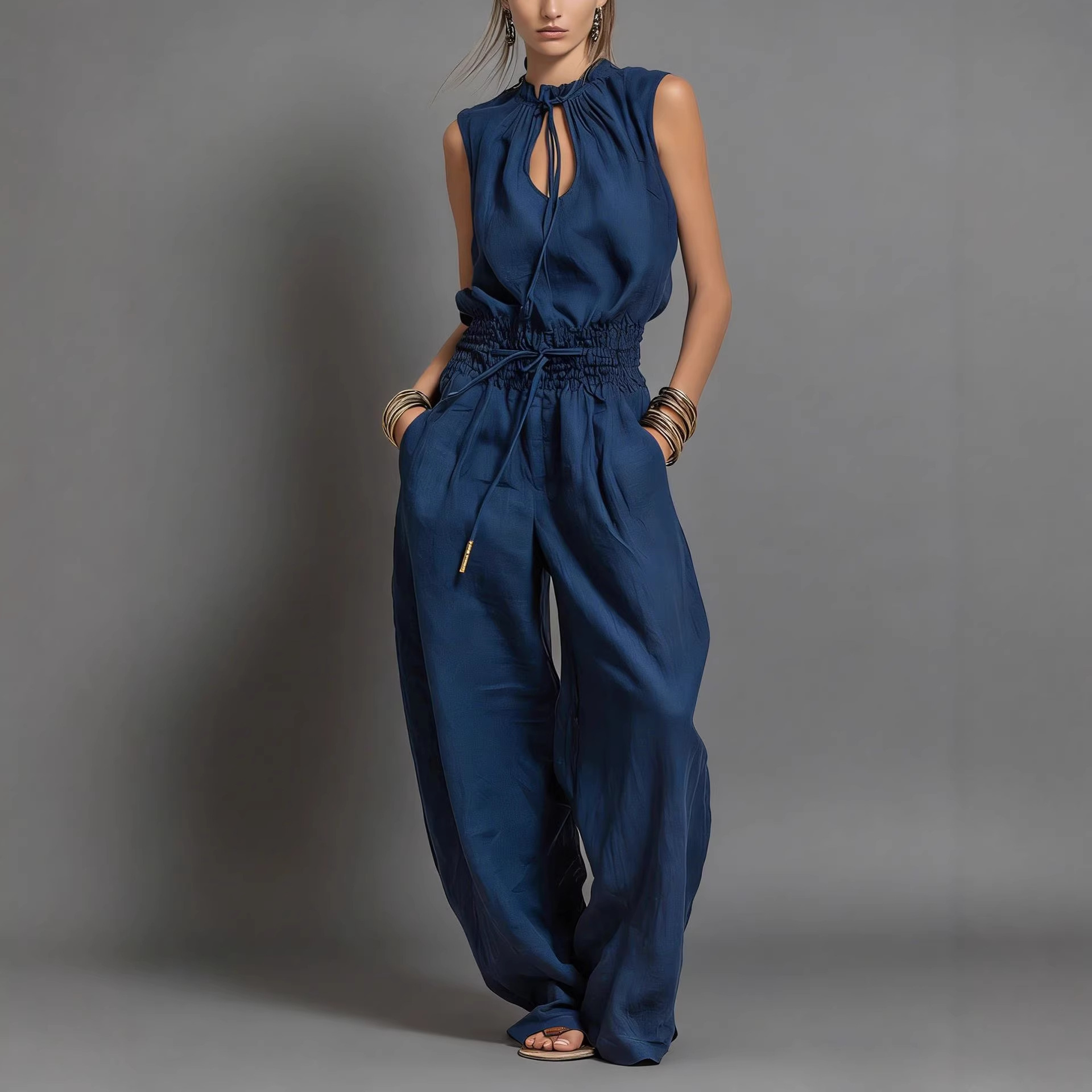 Women's Sleeveless Wide-Leg Jumpsuit with Cinched Waist Streetwear